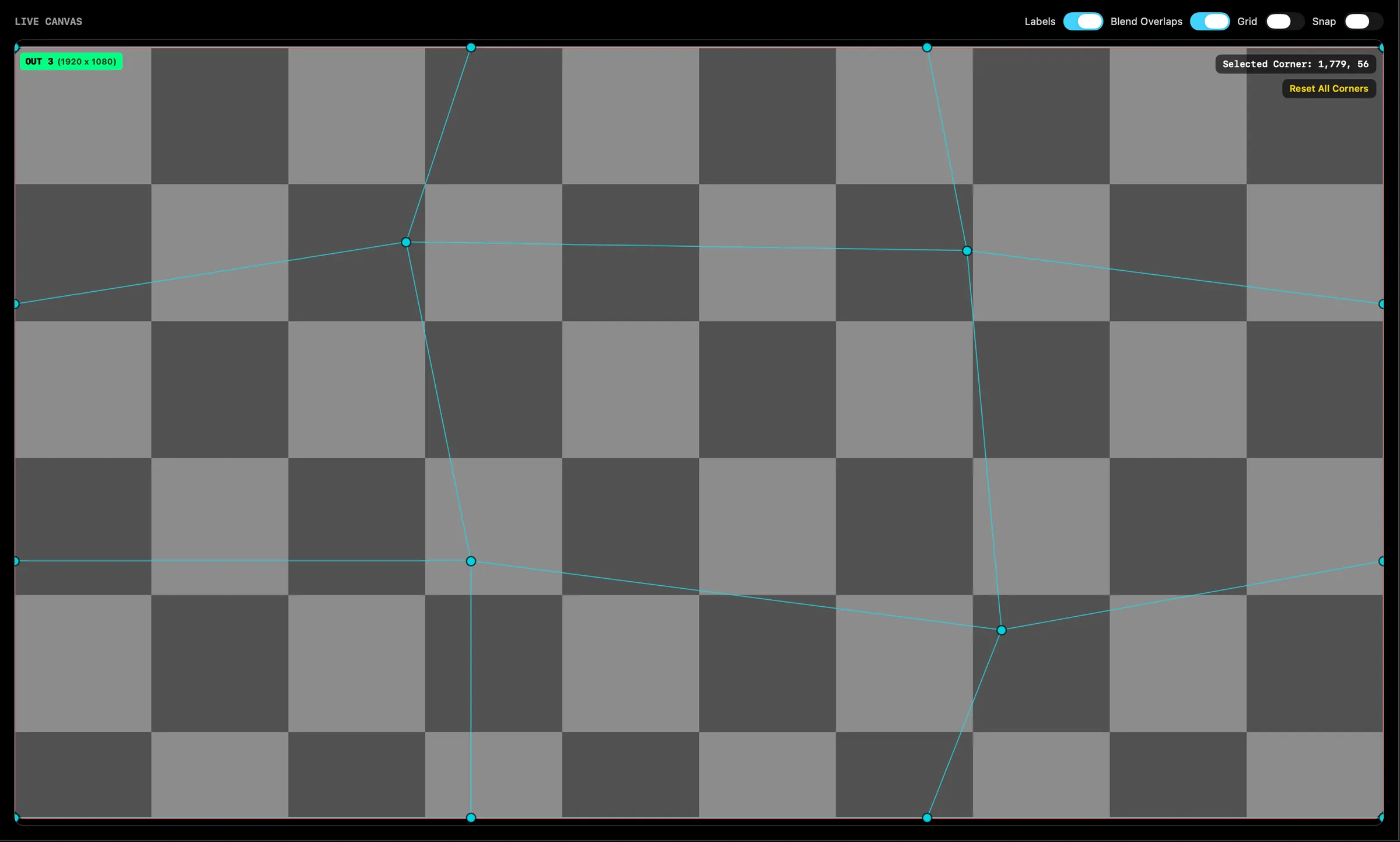 SimplePlay Pro X Output Patch Bay with a mesh warp on the IMAG output, its control points dragged on the canvas