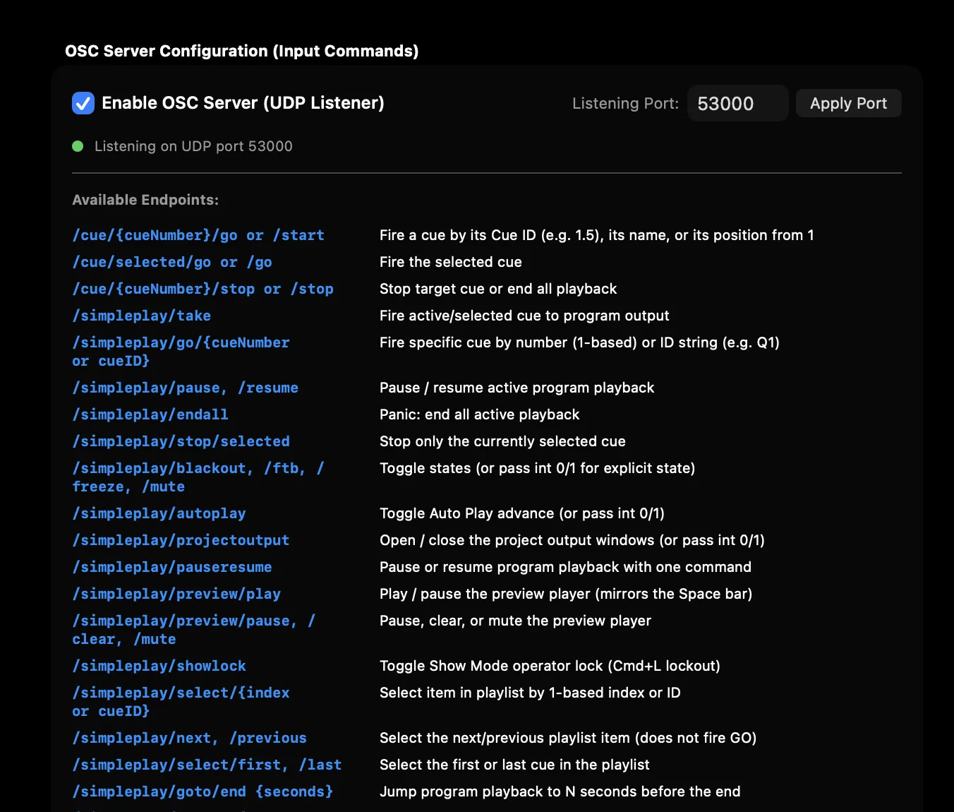 SimplePlay Pro X settings showing the OSC server and its available commands