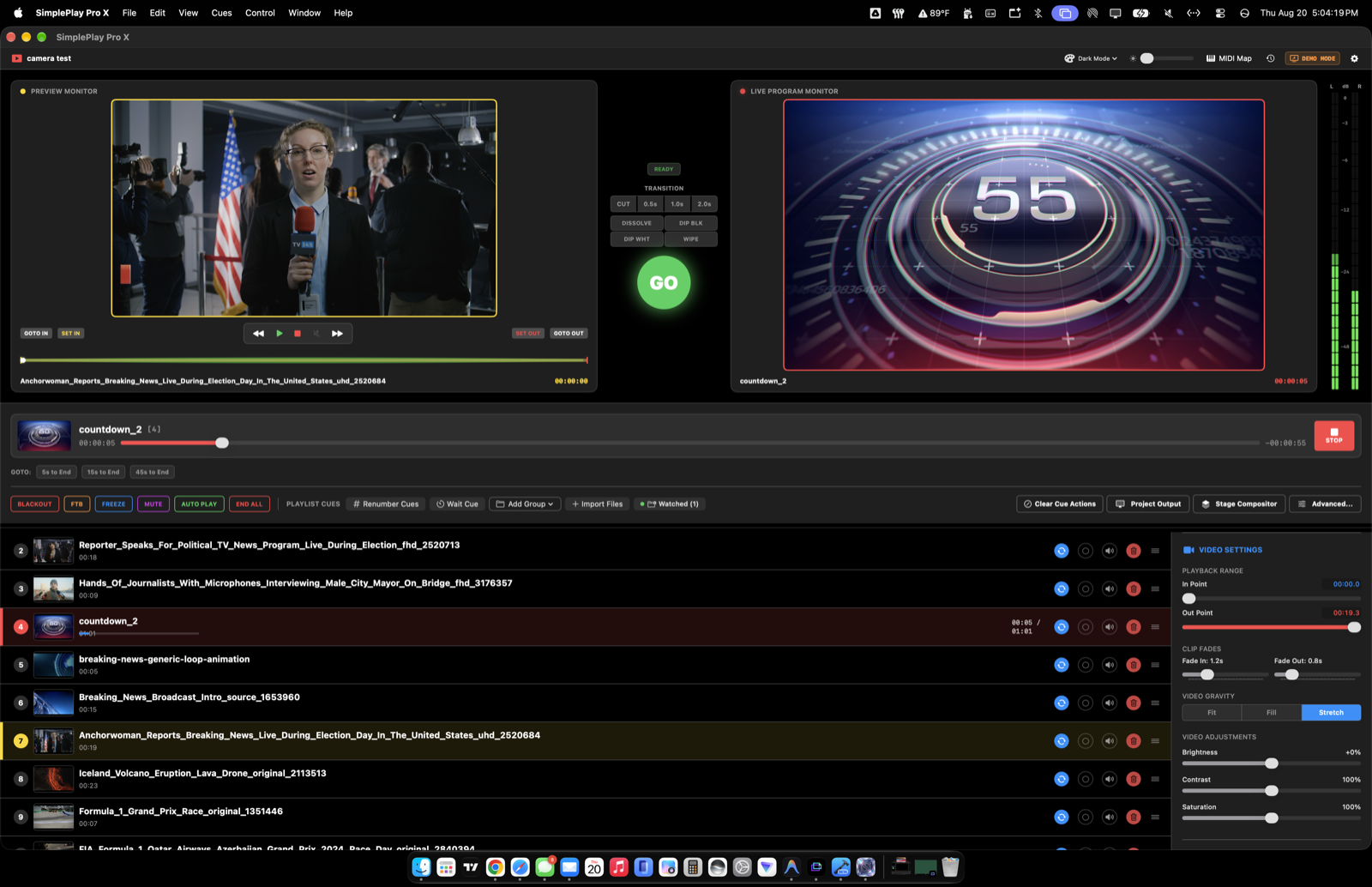 SimplePlay Pro X live playout view with Preview and Program monitors and a cue playlist