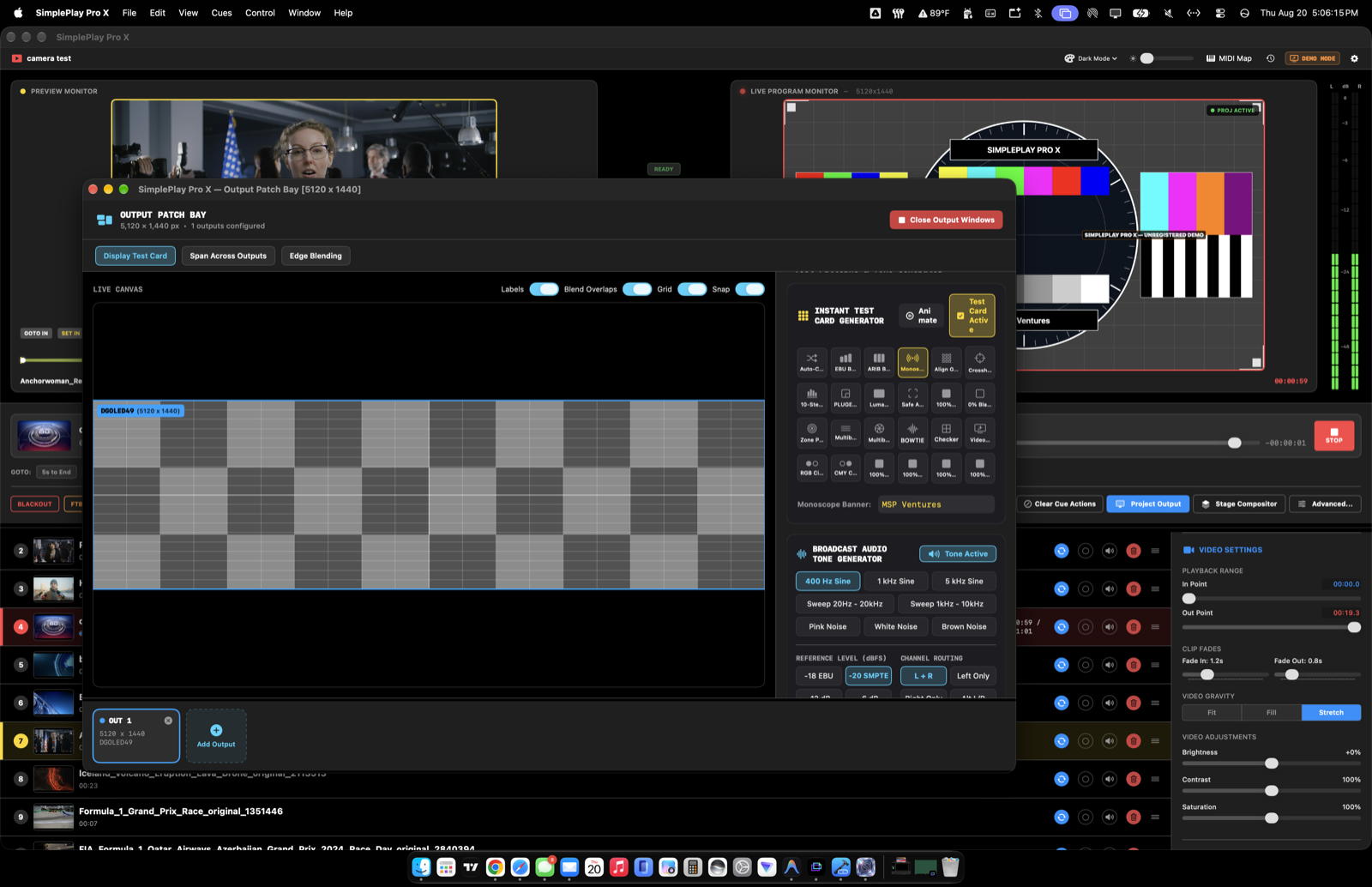 SimplePlay Pro X instant test card generator and broadcast tone generator